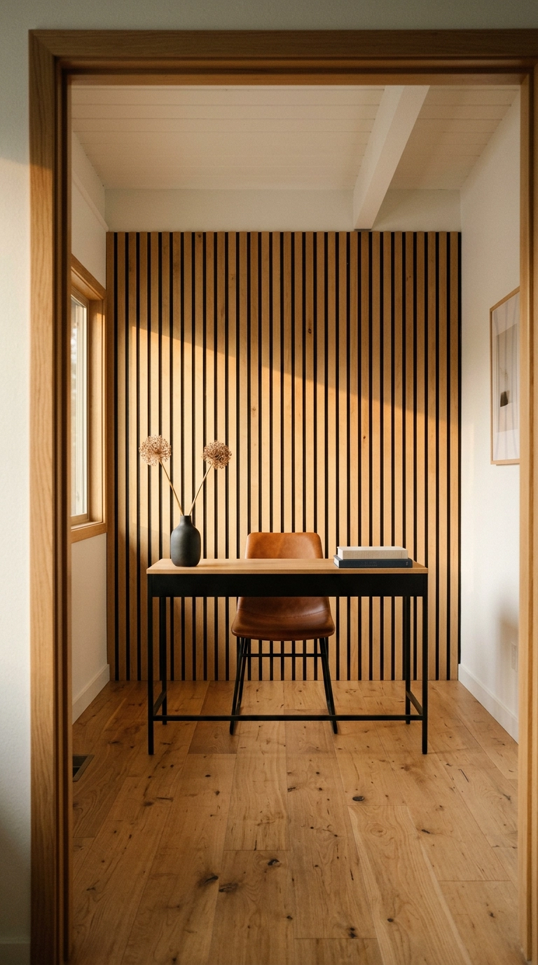 Modern home office with a vertical white oak slat wall behind a black steel desk