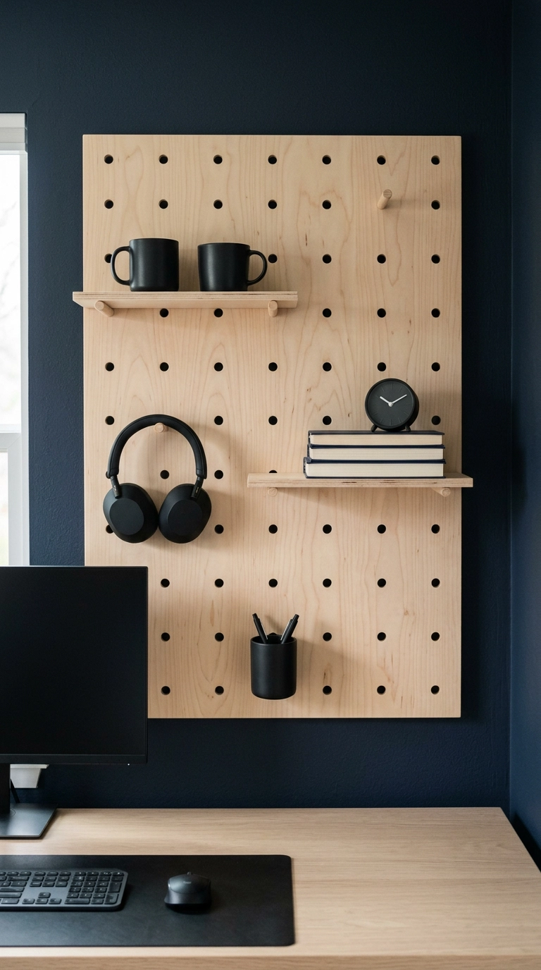 Birch plywood pegboard organizing headphones and supplies in a modern home office