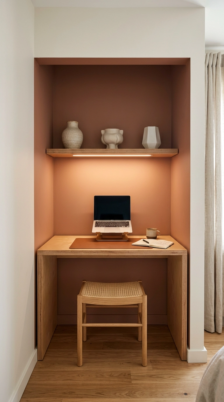 Modern home office built into a converted closet with a clay-painted alcove and plywood desk