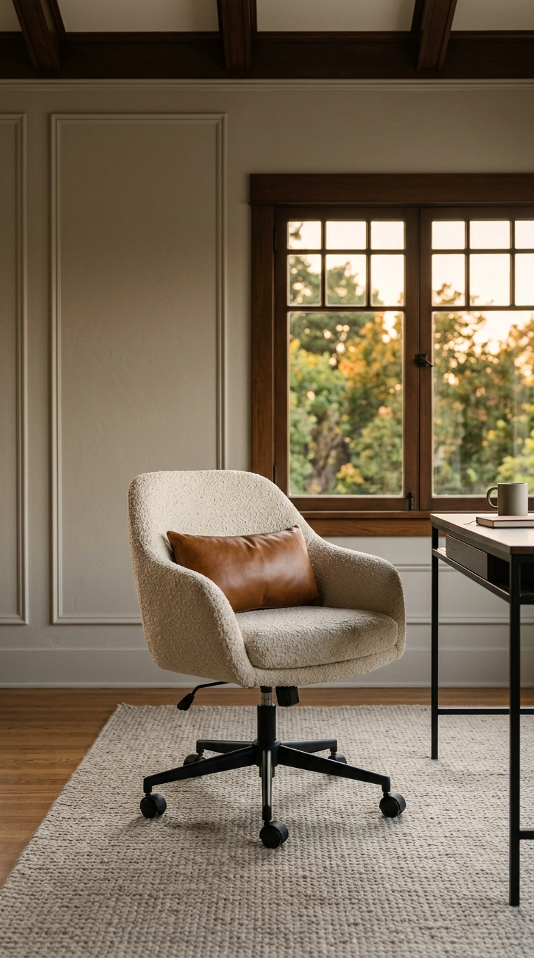 Cream boucle swivel desk chair as the focal point of a modern home office