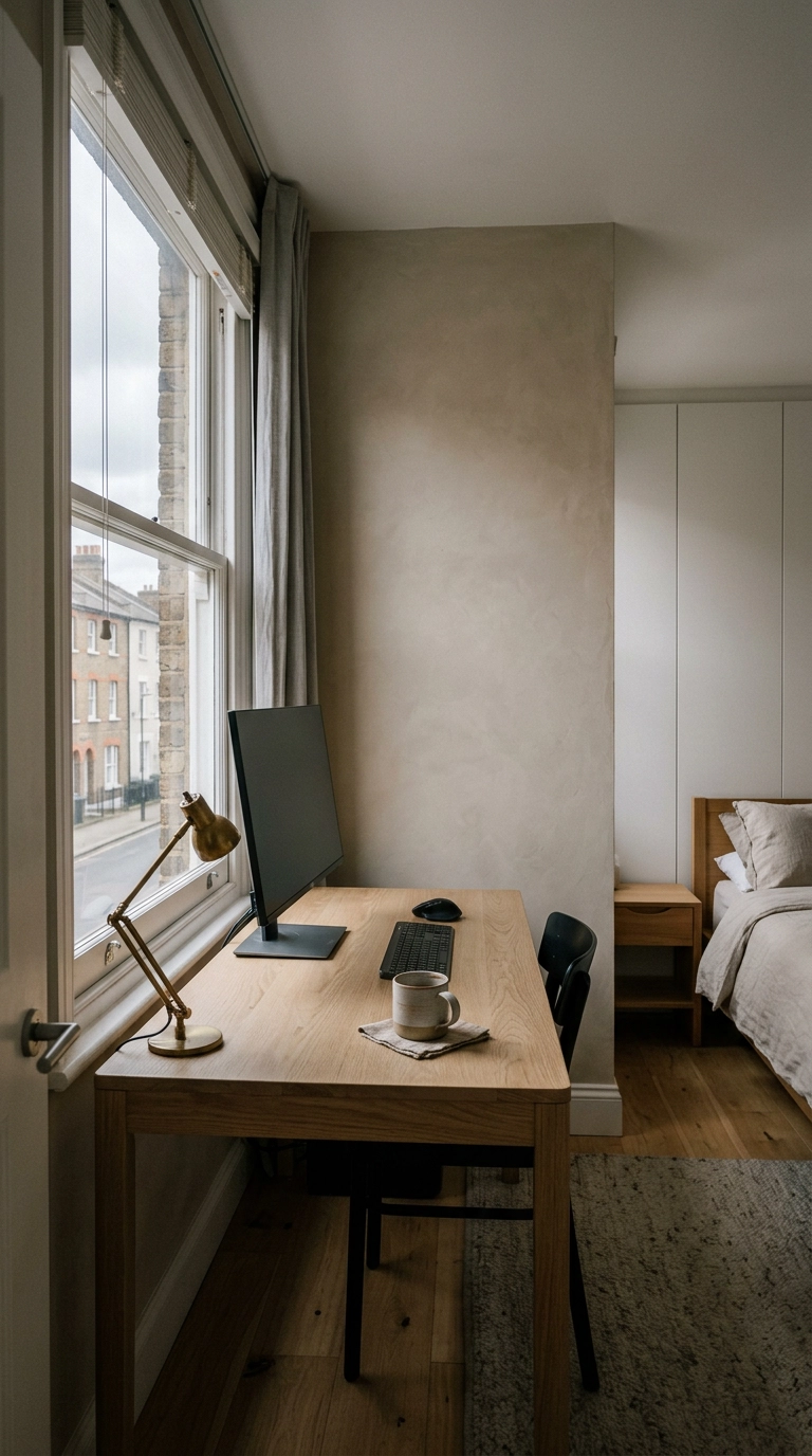 Modern home office desk placed sideways to a window for even north light