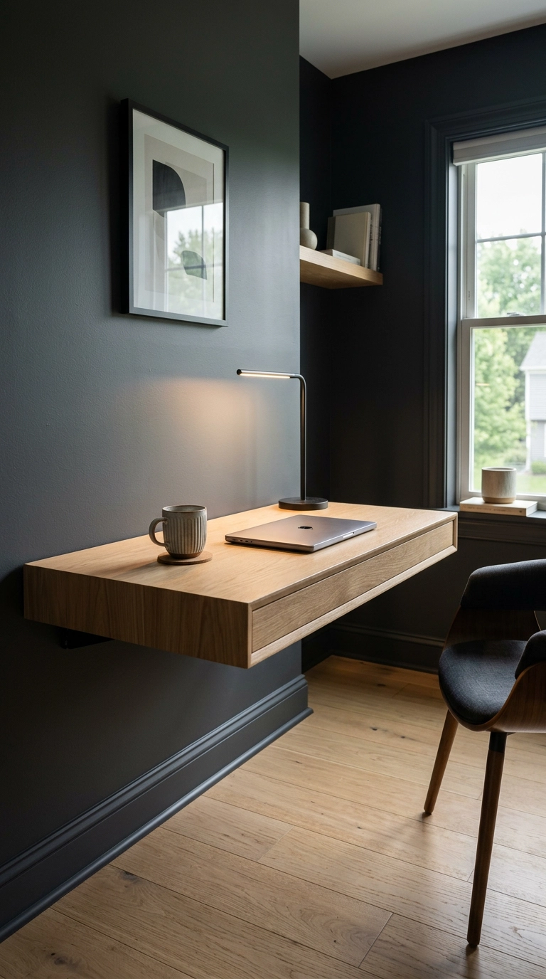 Modern home office with a floating white oak desk against a charcoal color-drenched wall