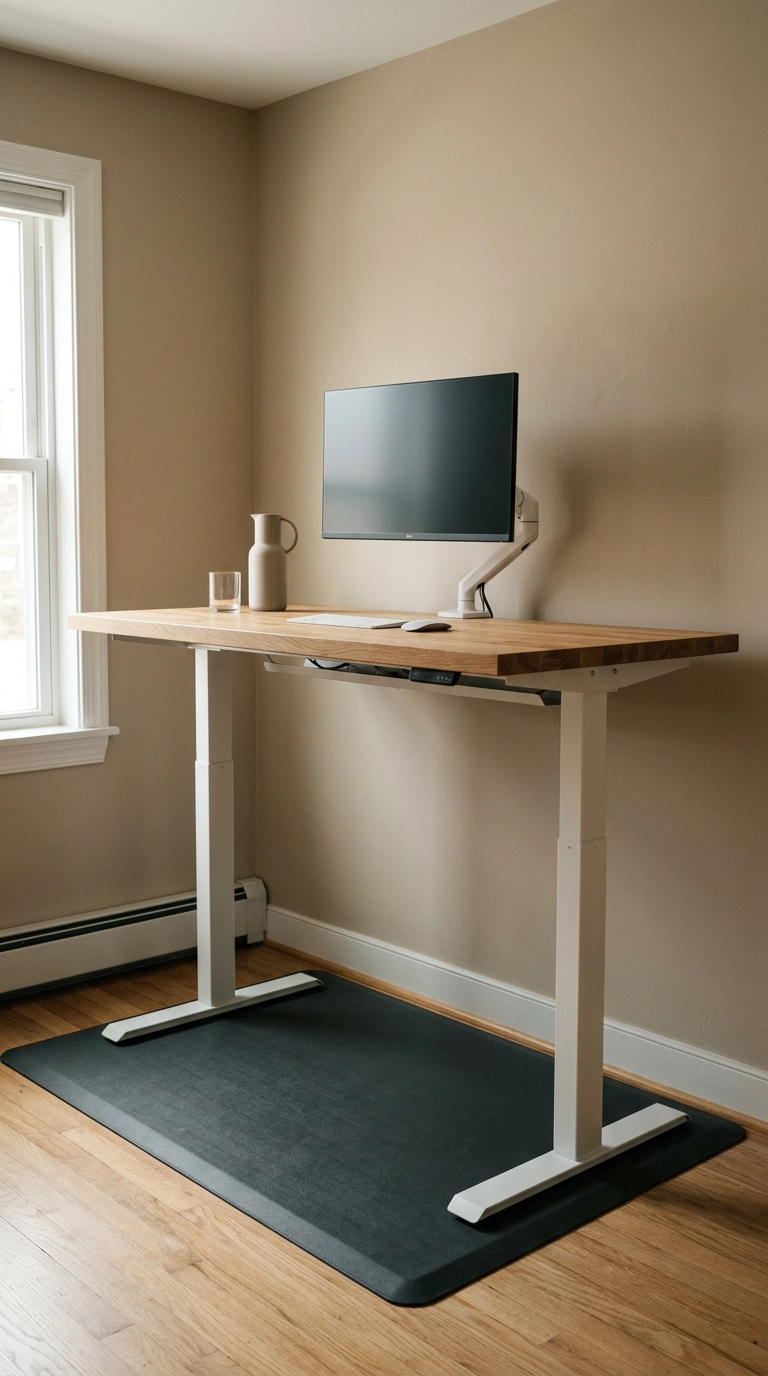 Standing desk with a white oak butcher block top raised in a modern home office