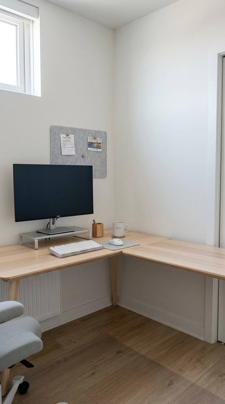 L-shaped ash corner desk fitted into a small modern home office