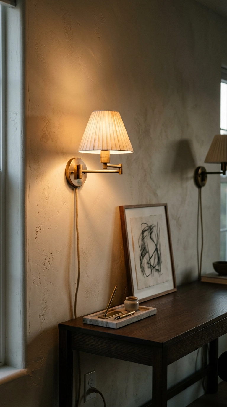 Modern home office wall with paired aged brass plug-in swing-arm sconces