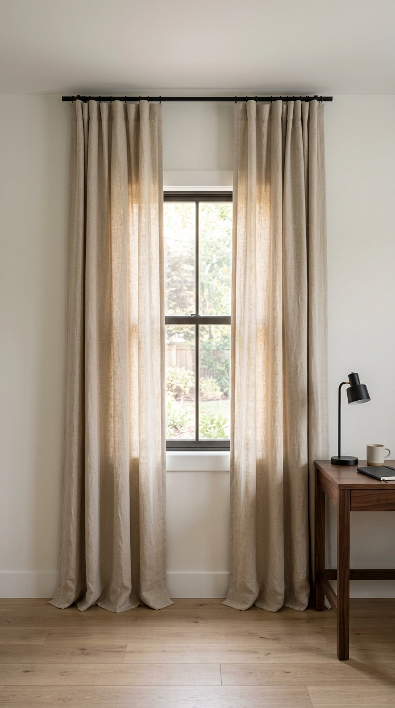 Raw linen curtains hung high near the ceiling in a modern home office