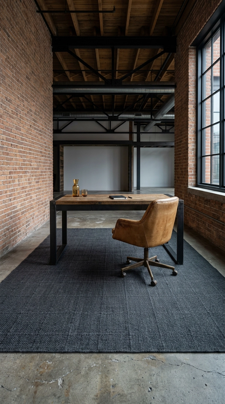 Charcoal flatweave rug anchoring the desk zone in a loft modern home office