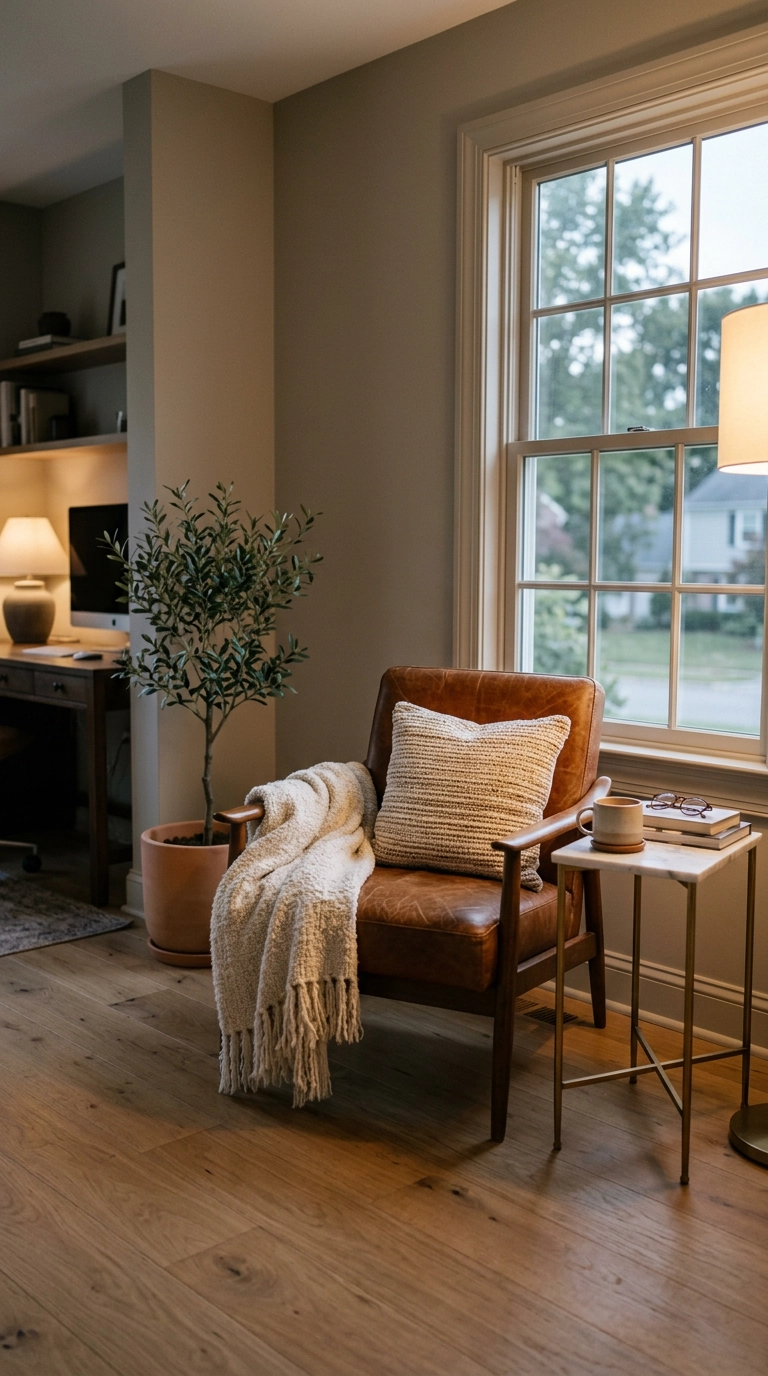 Cognac leather lounge chair reading corner inside a modern home office