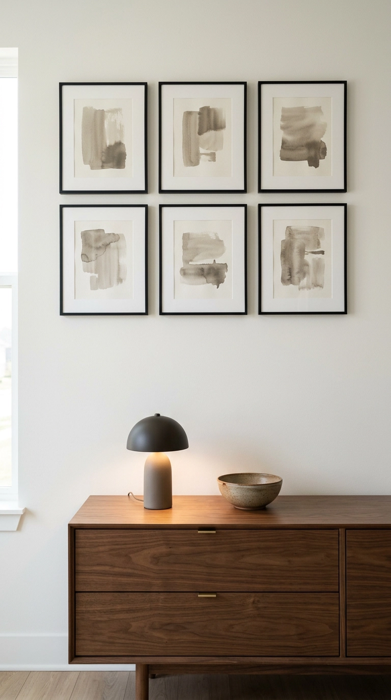 Six-frame black metal art grid above a walnut credenza in a modern home office