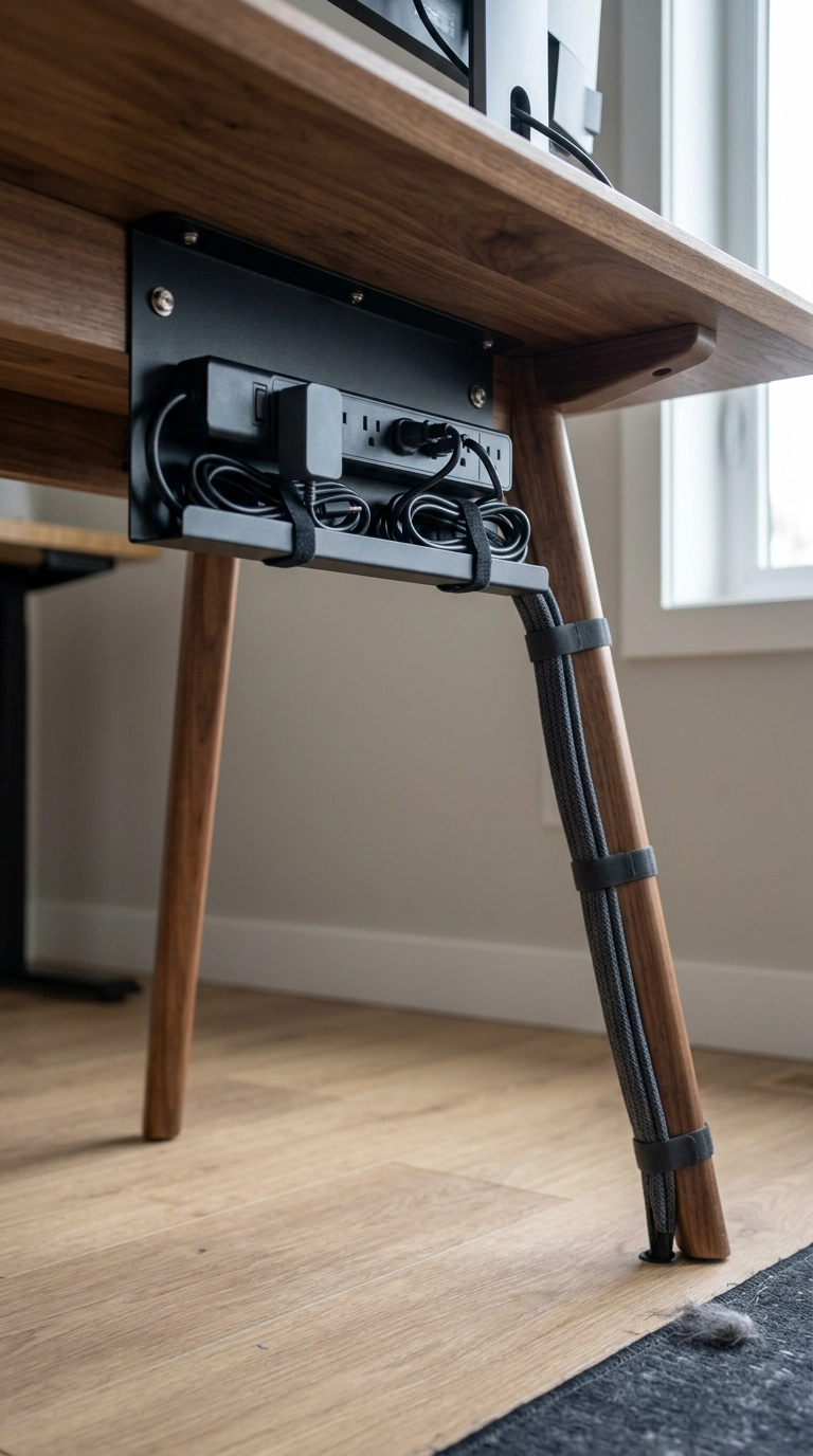 Under-desk steel cable tray and charcoal cable sleeve keeping a modern home office floor clear