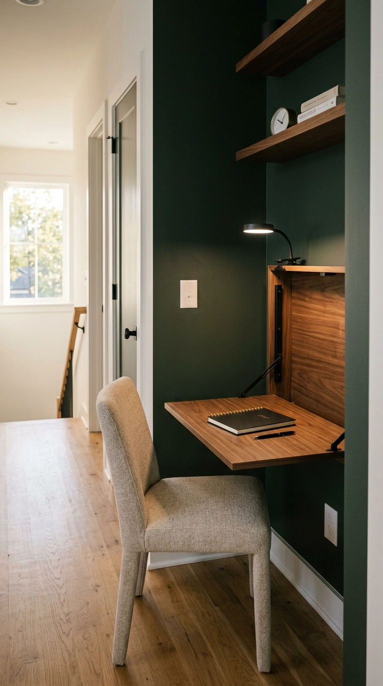 Fold-down walnut wall desk open on a landing as a compact modern home office