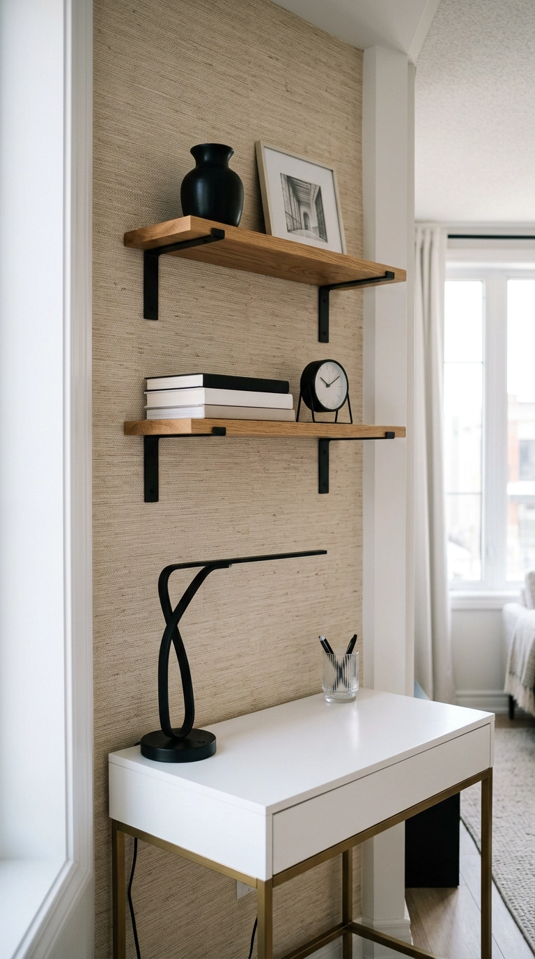 Peel-and-stick oatmeal grasscloth wallpaper behind black and oak shelves in a modern home office