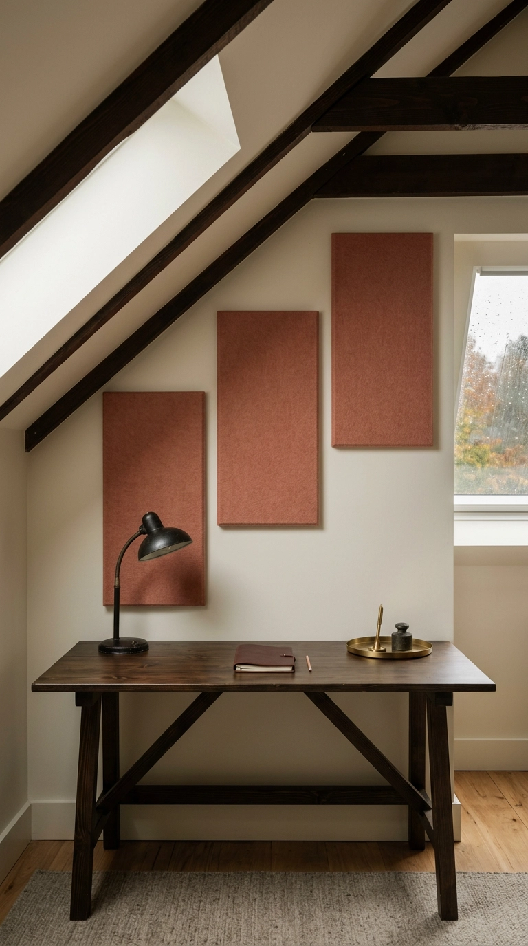 Muted terracotta felt acoustic panels arranged as wall art in a modern home office