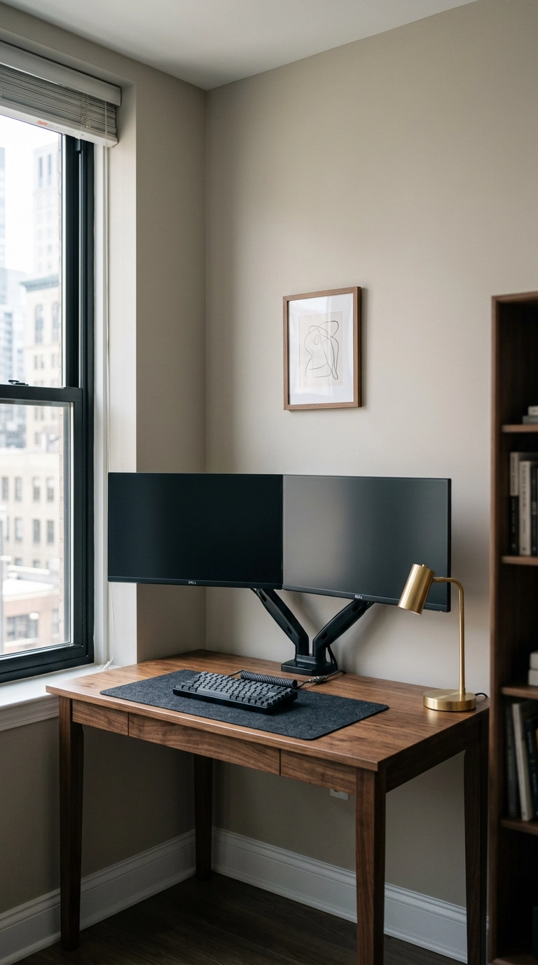 Modern home office with dual monitors on articulating arms above a clear walnut desk