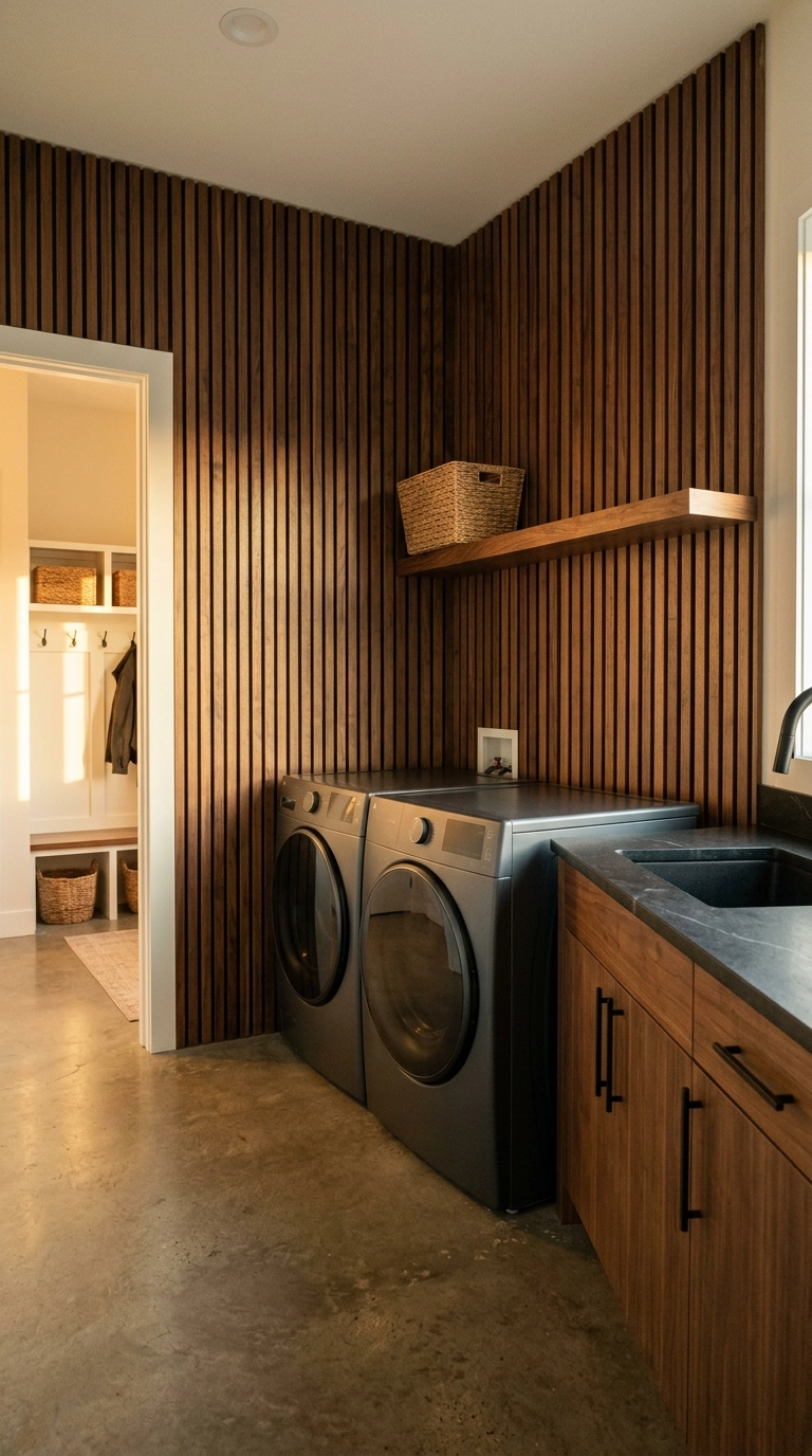 Walnut vertical slat wood paneling behind graphite washer and dryer in a laundry nook