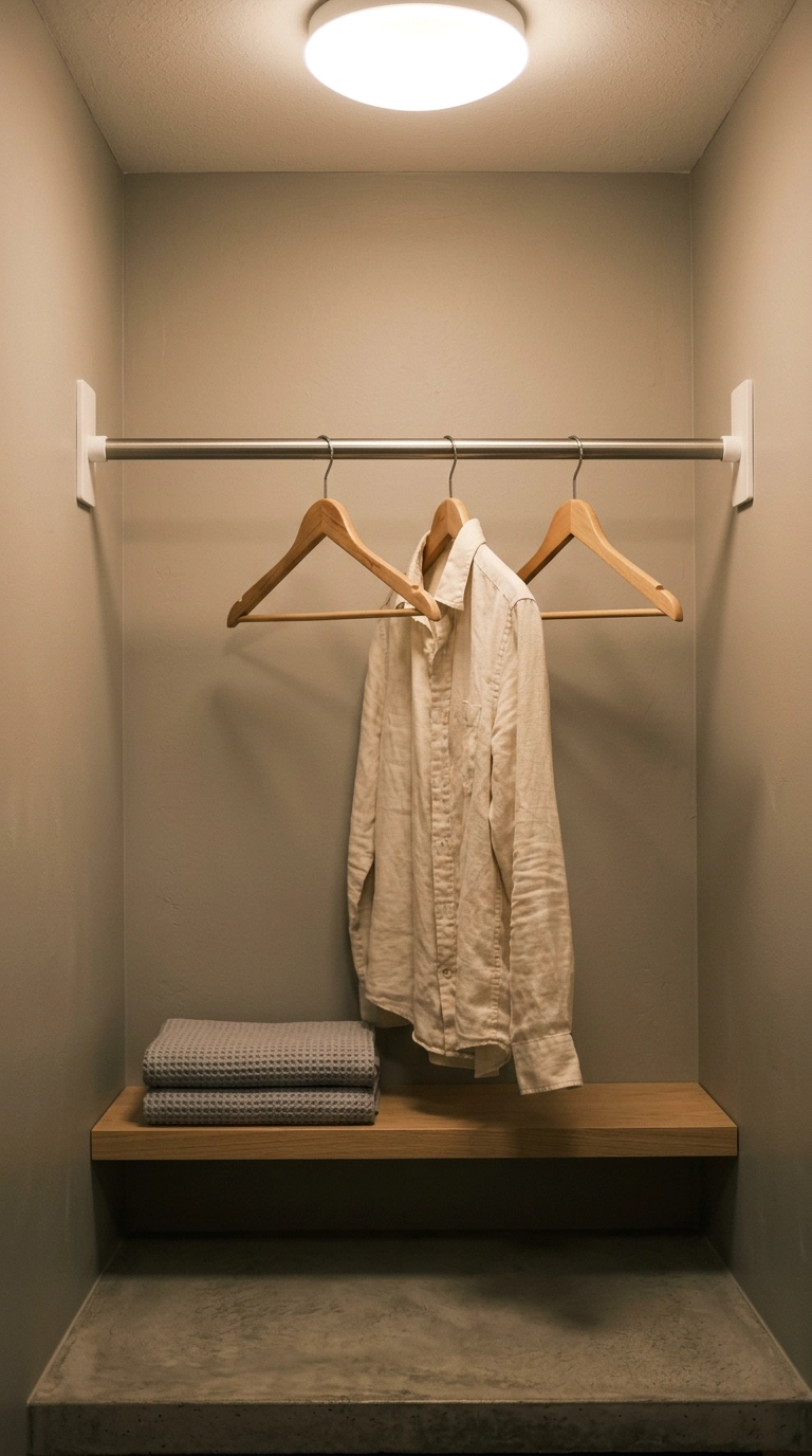 Wall-mounted drying rod with wooden hangers in a modern laundry corner