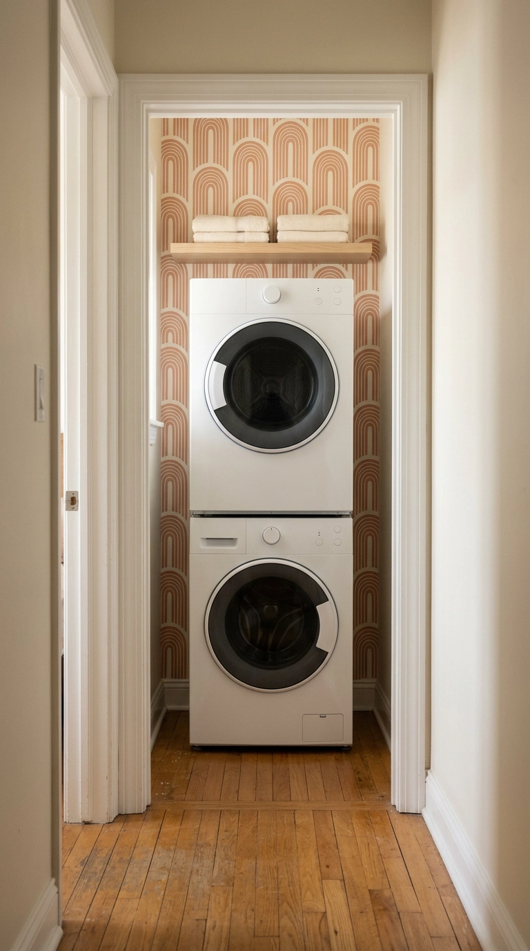 Laundry closet with terracotta arch peel-and-stick wallpaper behind a stacked washer and dryer