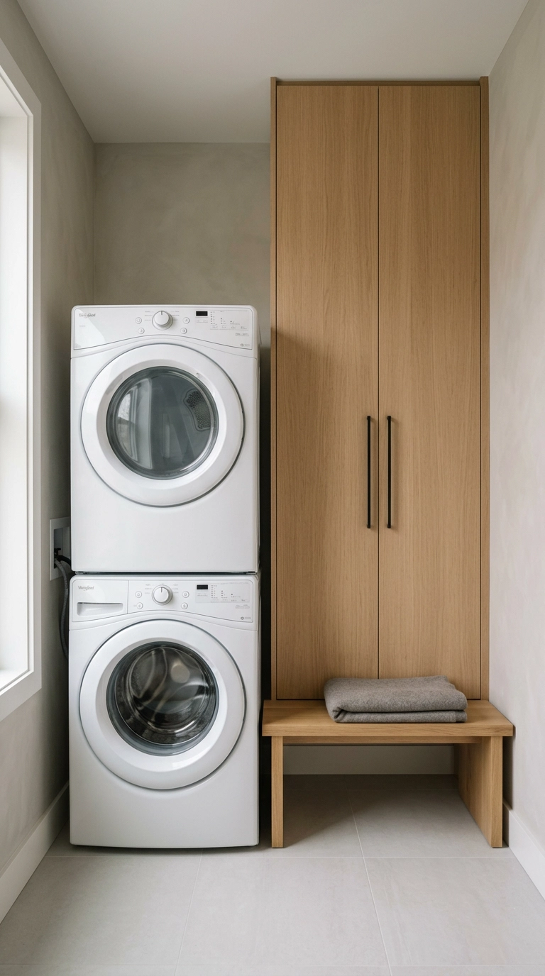 Stacked white washer and dryer beside a tall oak cabinet in a small laundry room