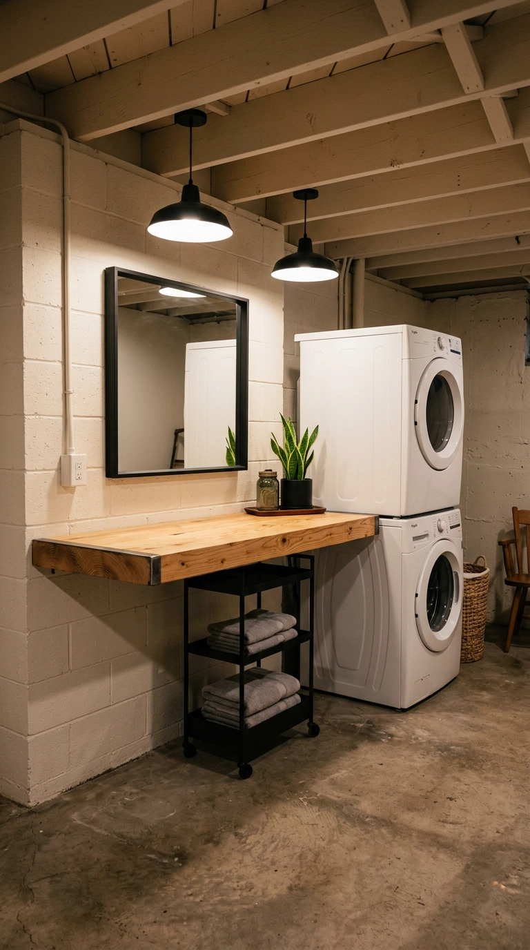 Floating pine folding counter with a black rolling cart underneath in a basement laundry area