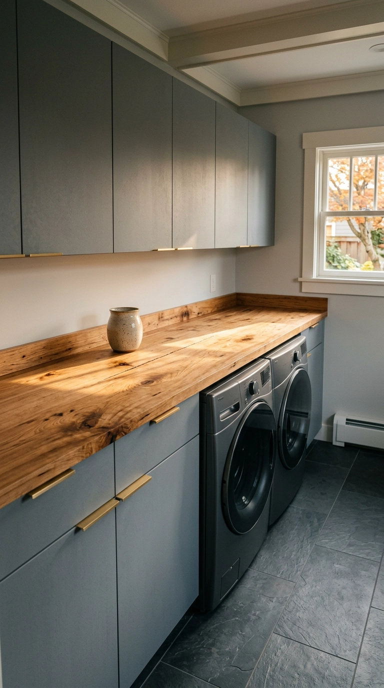 Maple butcher block counter over slate grey slab cabinets in a modern laundry room