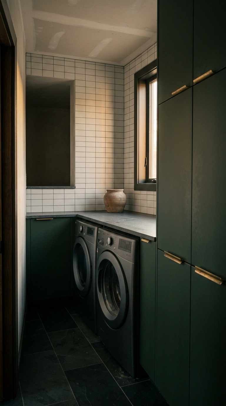 Narrow laundry room with deep green slab cabinets and brass pulls