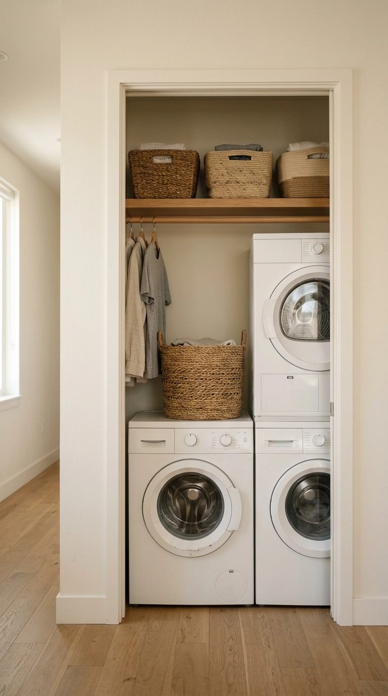 Open laundry closet with stacked white washer and dryer and an oak shelf above
