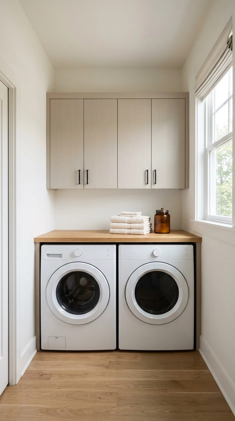Modern laundry room with butcher block counter over white front-loading washer and dryer