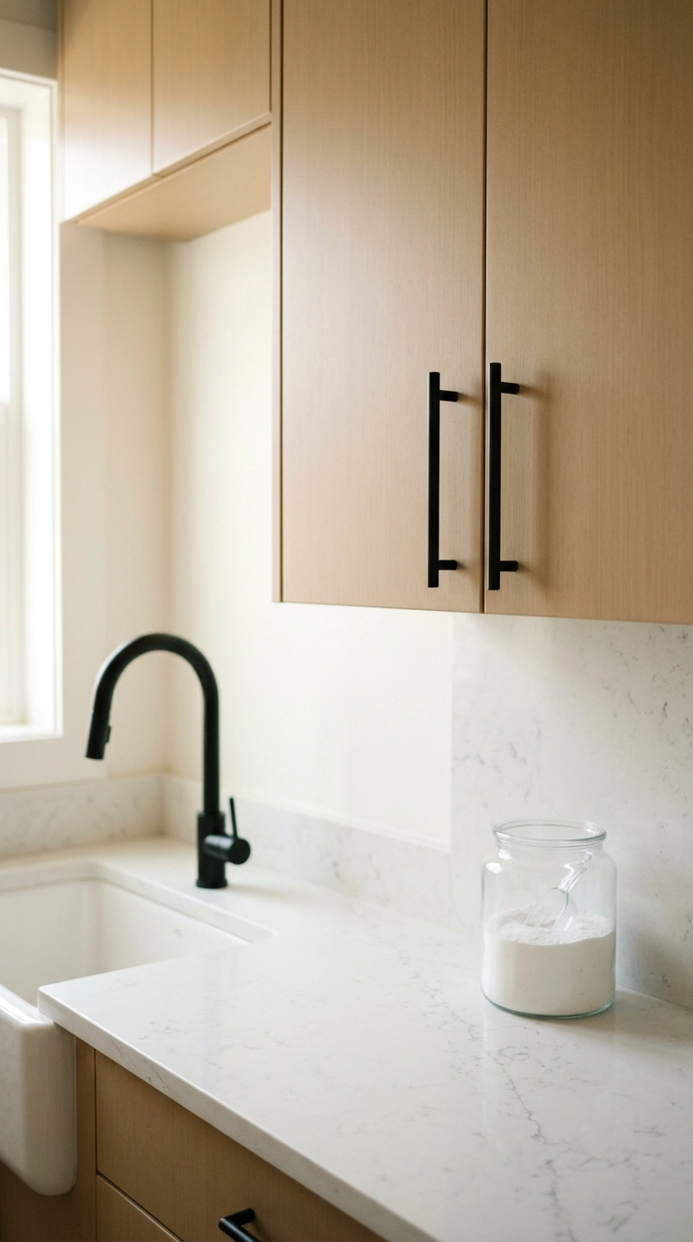 Matte black bar pulls and utility faucet in a modern laundry room detail shot
