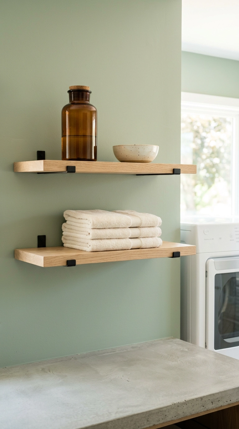Two oak floating shelves styled with three objects on a sage green laundry room wall