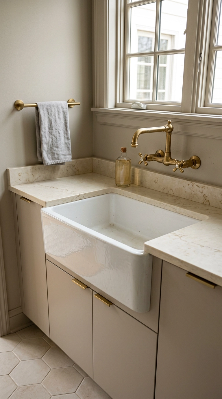 Deep white fireclay apron sink with brass bridge faucet in a modern laundry room