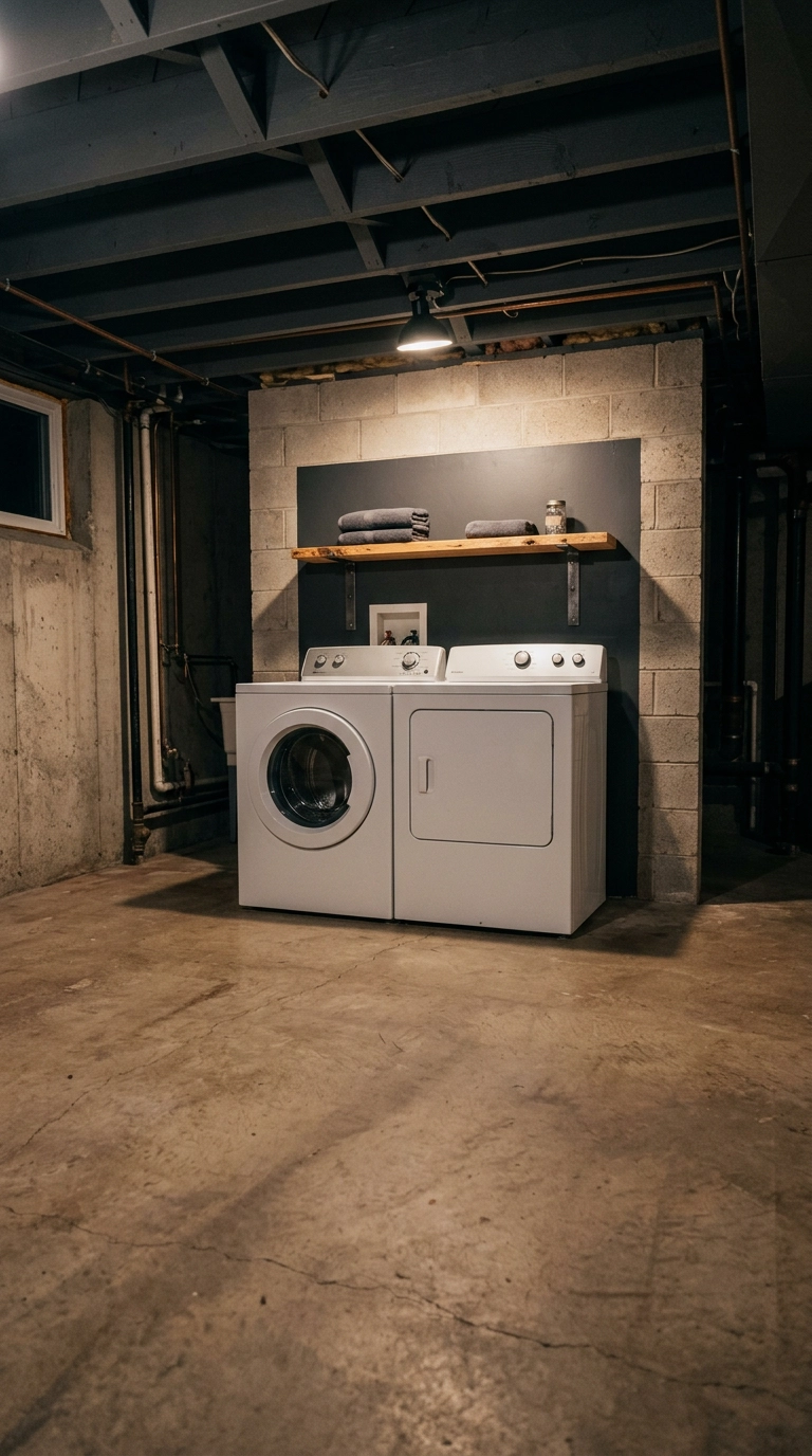 Basement laundry corner with charcoal painted block wall and a pine shelf over white machines