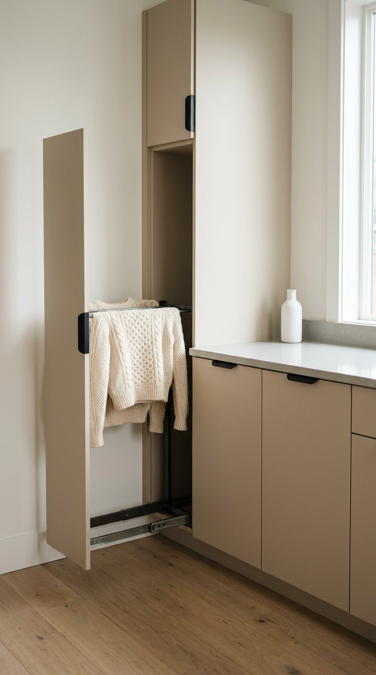 Pull-out vertical drying rack inside a slim oatmeal cabinet with sweaters laid flat