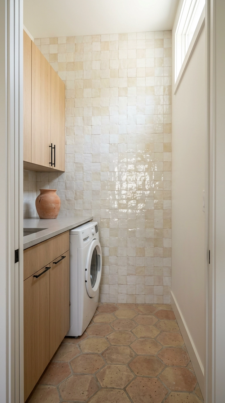 Creamy zellige tile wall running floor to ceiling in a small modern laundry room