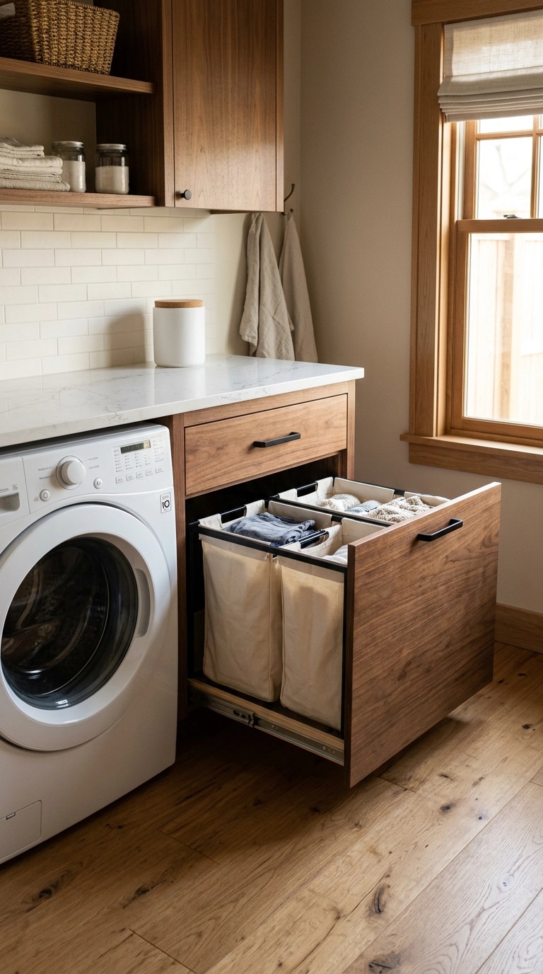 Pull-out hamper drawer with canvas bags in a walnut laundry cabinet