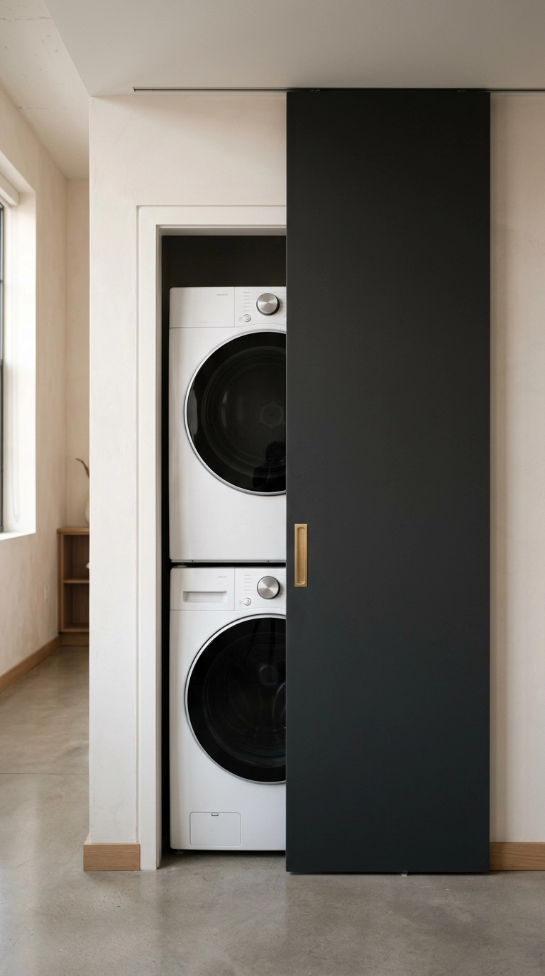 Matte charcoal sliding slab door partially open in front of a stacked washer and dryer