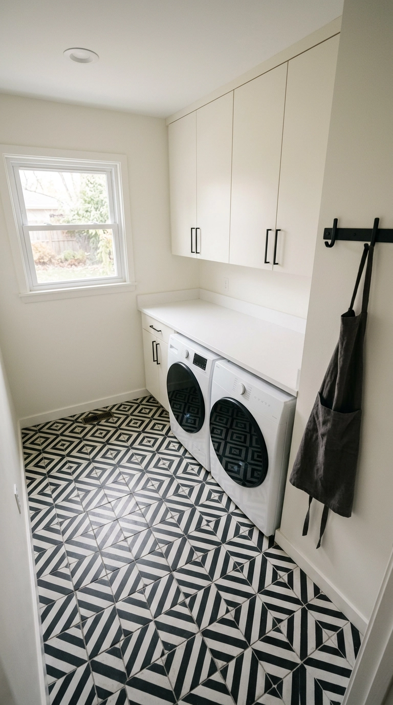 Modern laundry room with black and white geometric floor tile and white slab cabinets