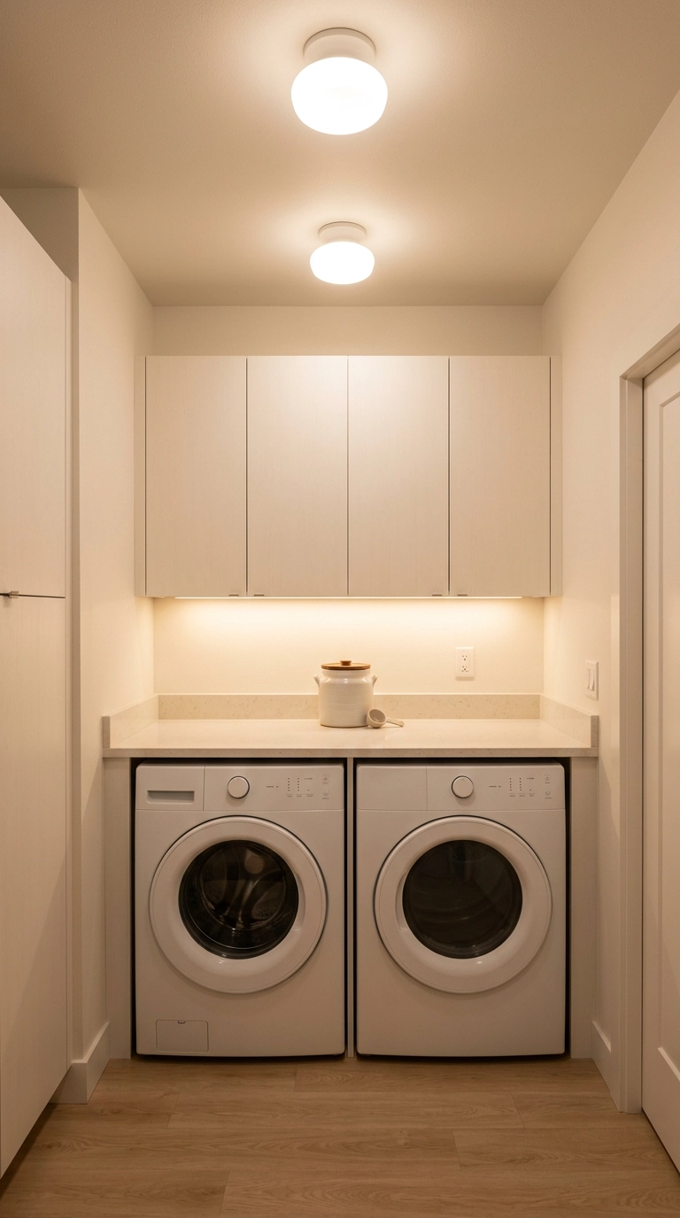 Windowless modern laundry room with flush dome ceiling lights and warm under-cabinet lighting