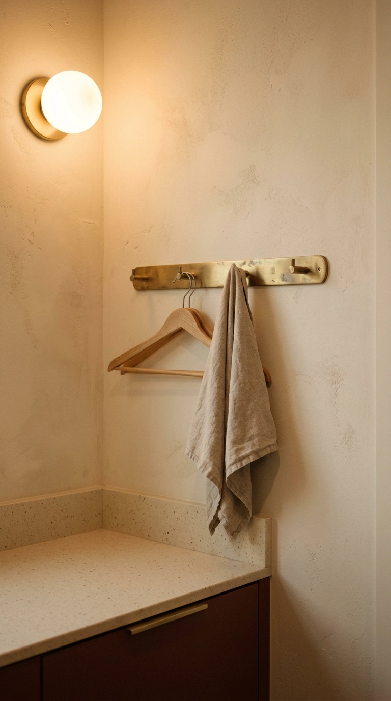 Brushed brass hook rail and cabinet pull against a clay-colored laundry closet wall