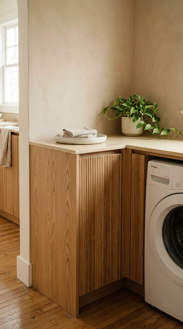 Fluted white oak cabinet fronts beside a washer in a modern laundry alcove