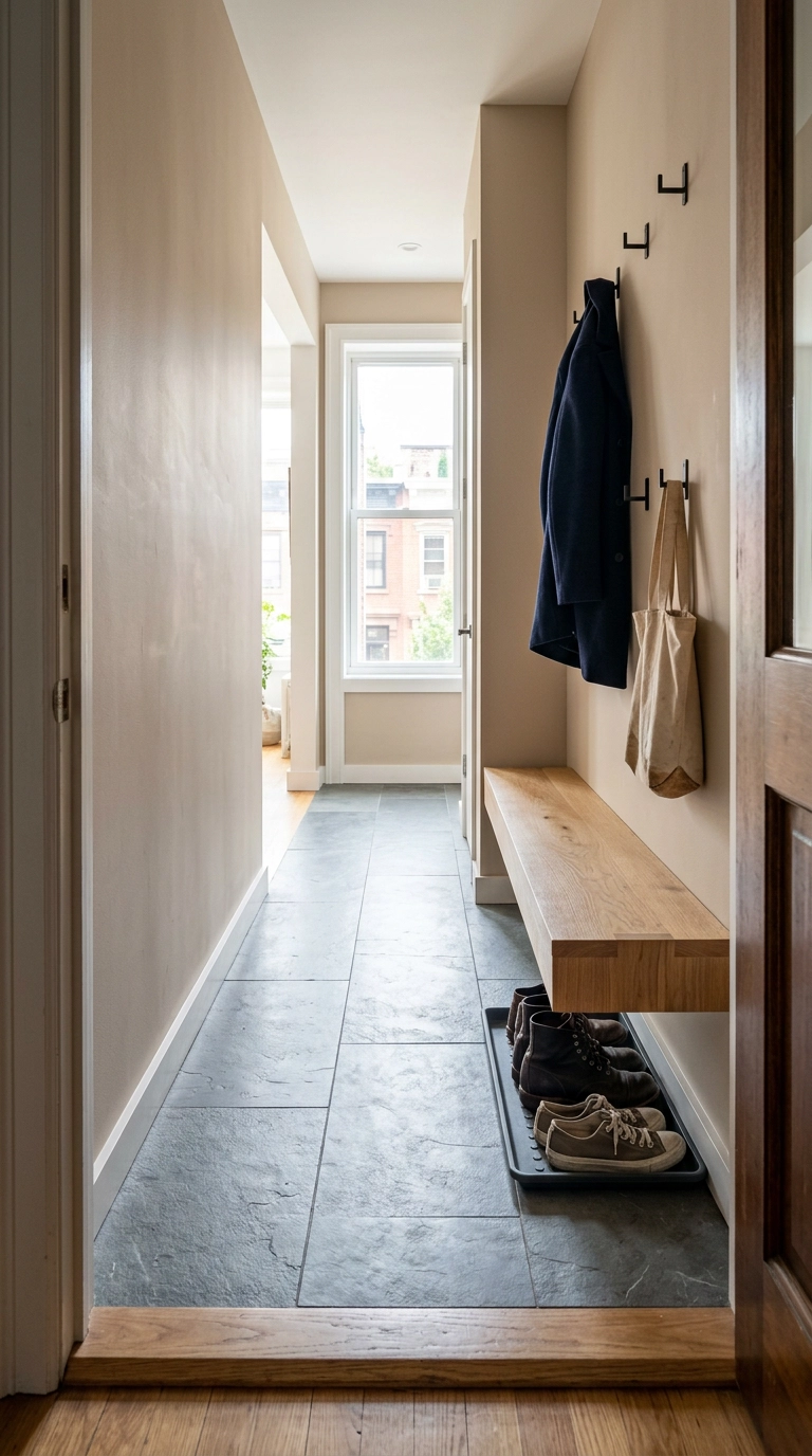 Narrow apartment hallway with a shallow oak bench and hooks used as a mudroom