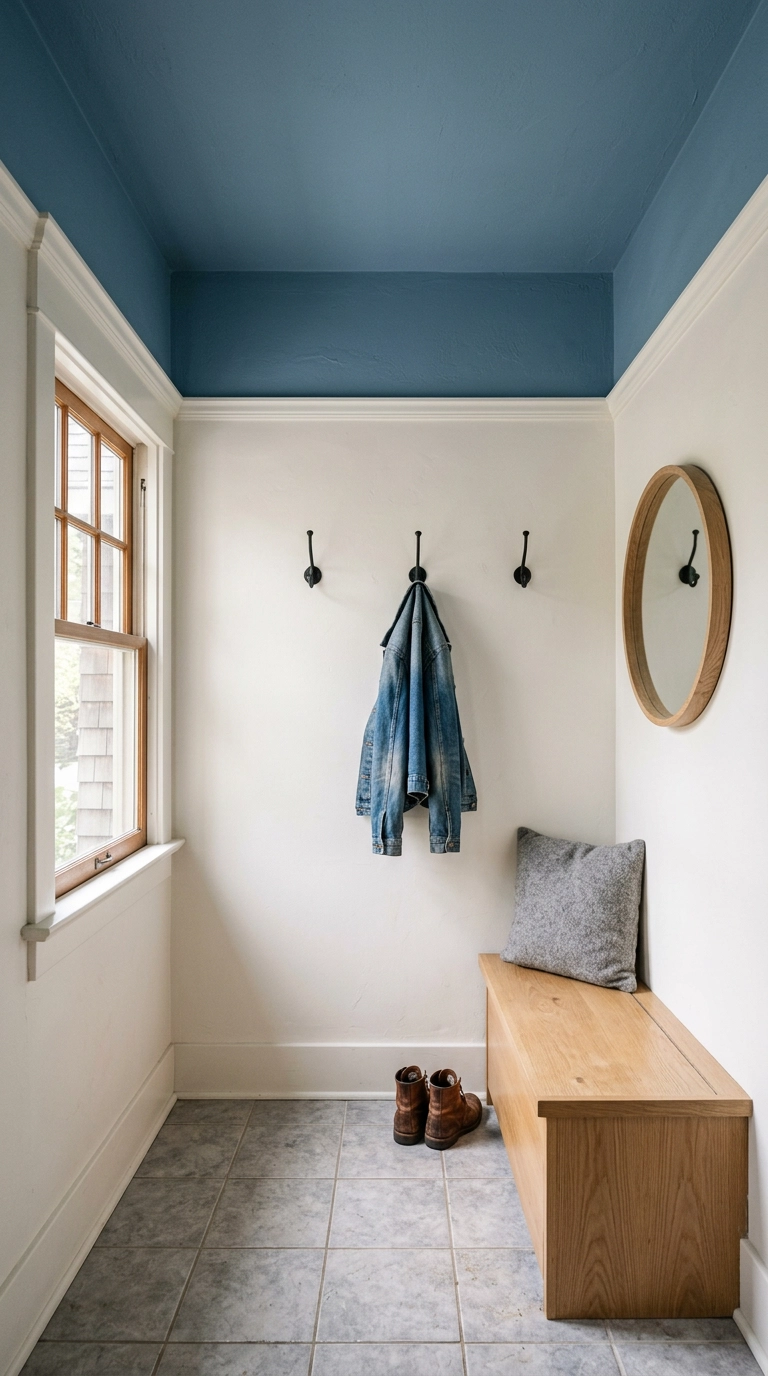 Mudroom with a dusty blue painted ceiling and white crown molding