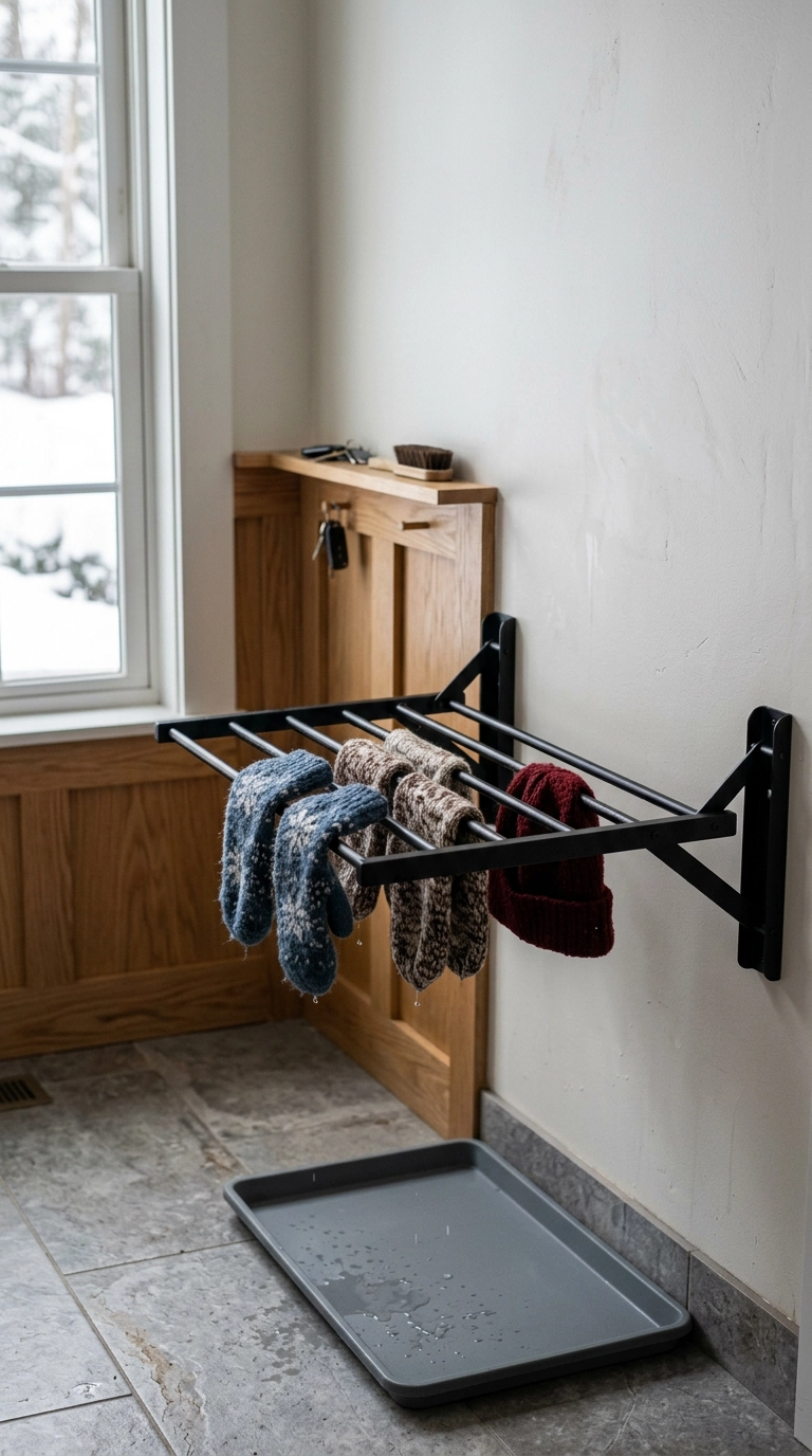 Wall-mounted folding drying rack holding wet mittens above a boot tray