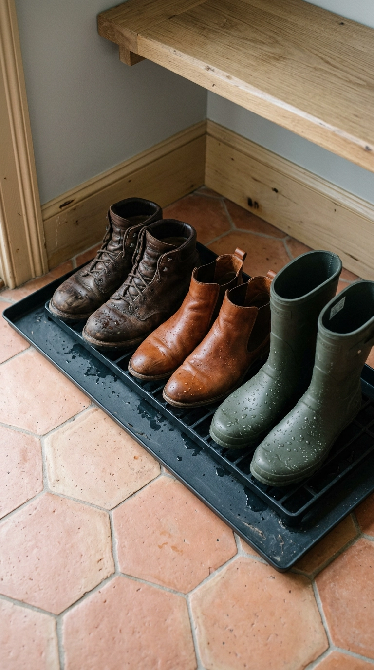 Black boot tray with raised grate holding wet boots on terracotta hexagon tile