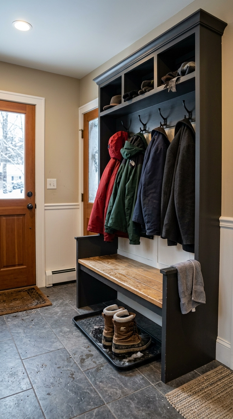 Working winter mudroom with heavy coats, salt-stained boots, and a boot tray