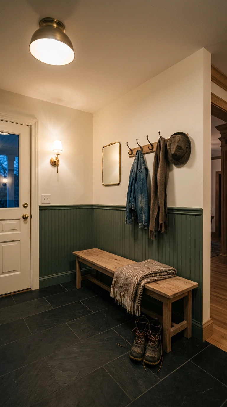 Mudroom at dusk lit by a brass dome ceiling light and a warm wall sconce