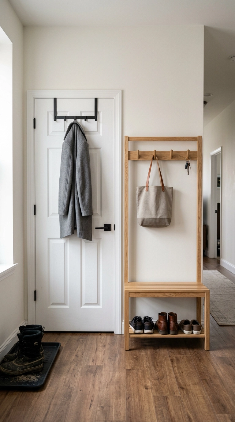 Freestanding oak hall tree and over-door hooks in a rental apartment entry