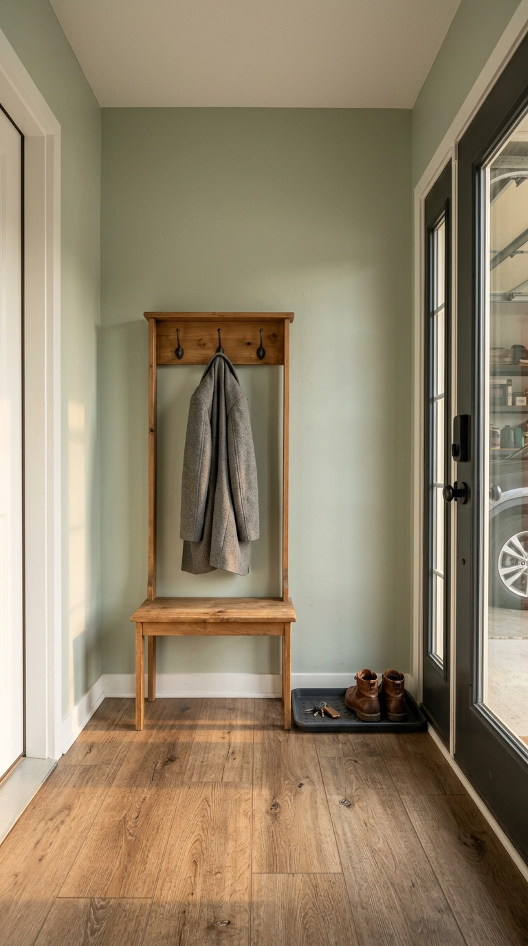 Smoked oak luxury vinyl plank floor in a sage green mudroom with a pine hall tree