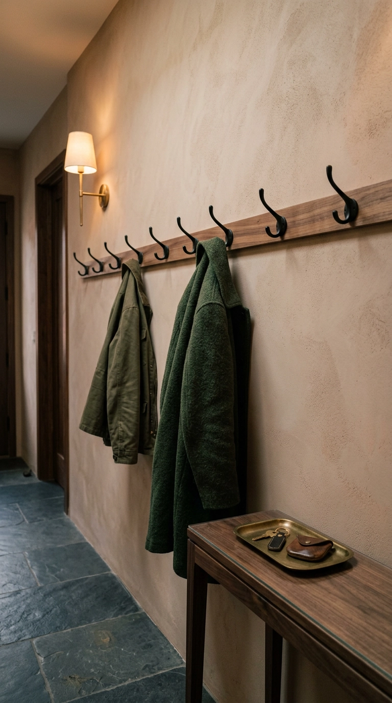 Open black hooks on a walnut rail against a warm clay plaster mudroom wall