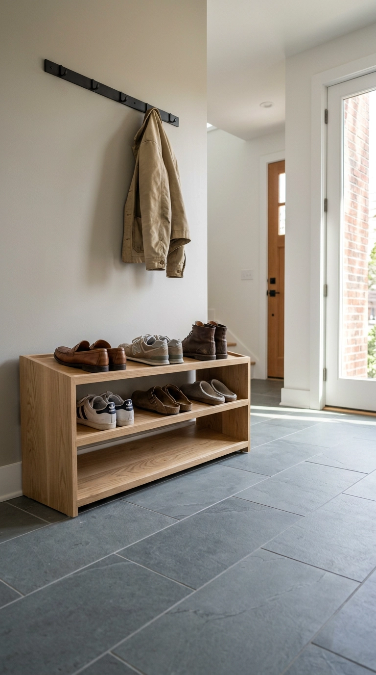 Low oak shoe rack with angled tiers holding neatly spaced shoes in a mudroom
