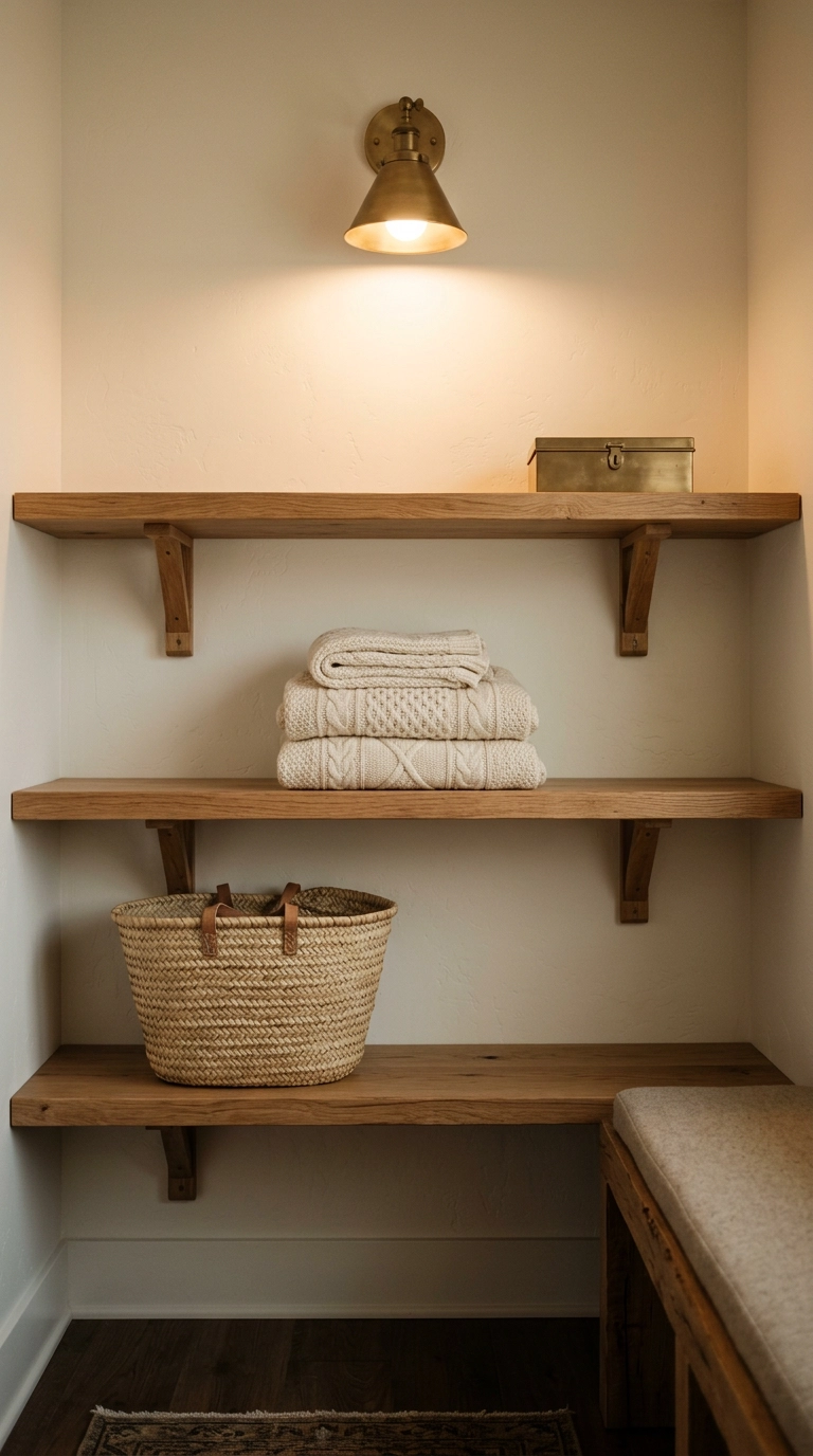 Open oak shelves with one seagrass basket and folded scarves above a bench